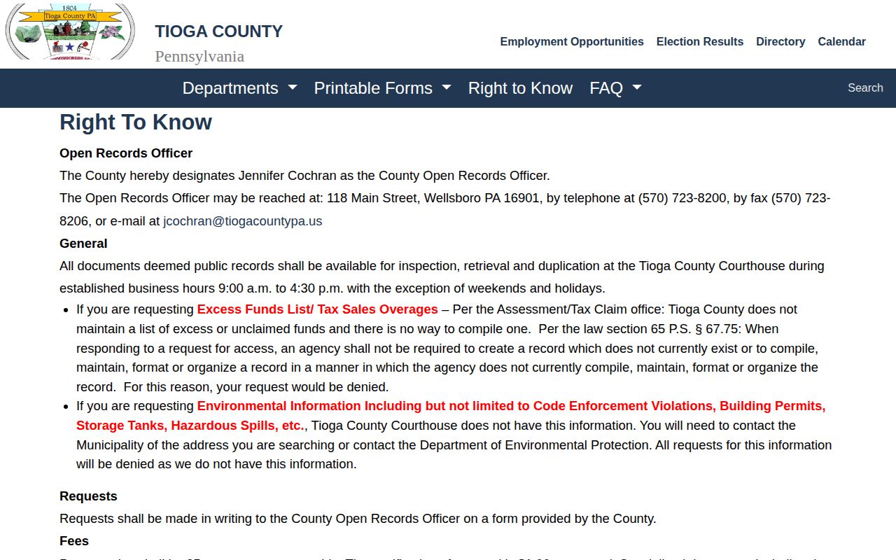 Tioga County released inmate record request page
